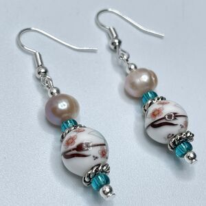 Artisan Freshwater Pearl Floral Ceramic Glass Beaded Silver Tone Earrings Boho